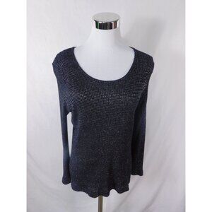 Black Silver Metallic Knit Long Sleeve Sweater M Scoop Neck Stretch